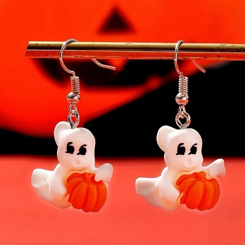 Friendly Ghost Holding Pumpkin Halloween Holiday Earrings - Picture 5 of 7